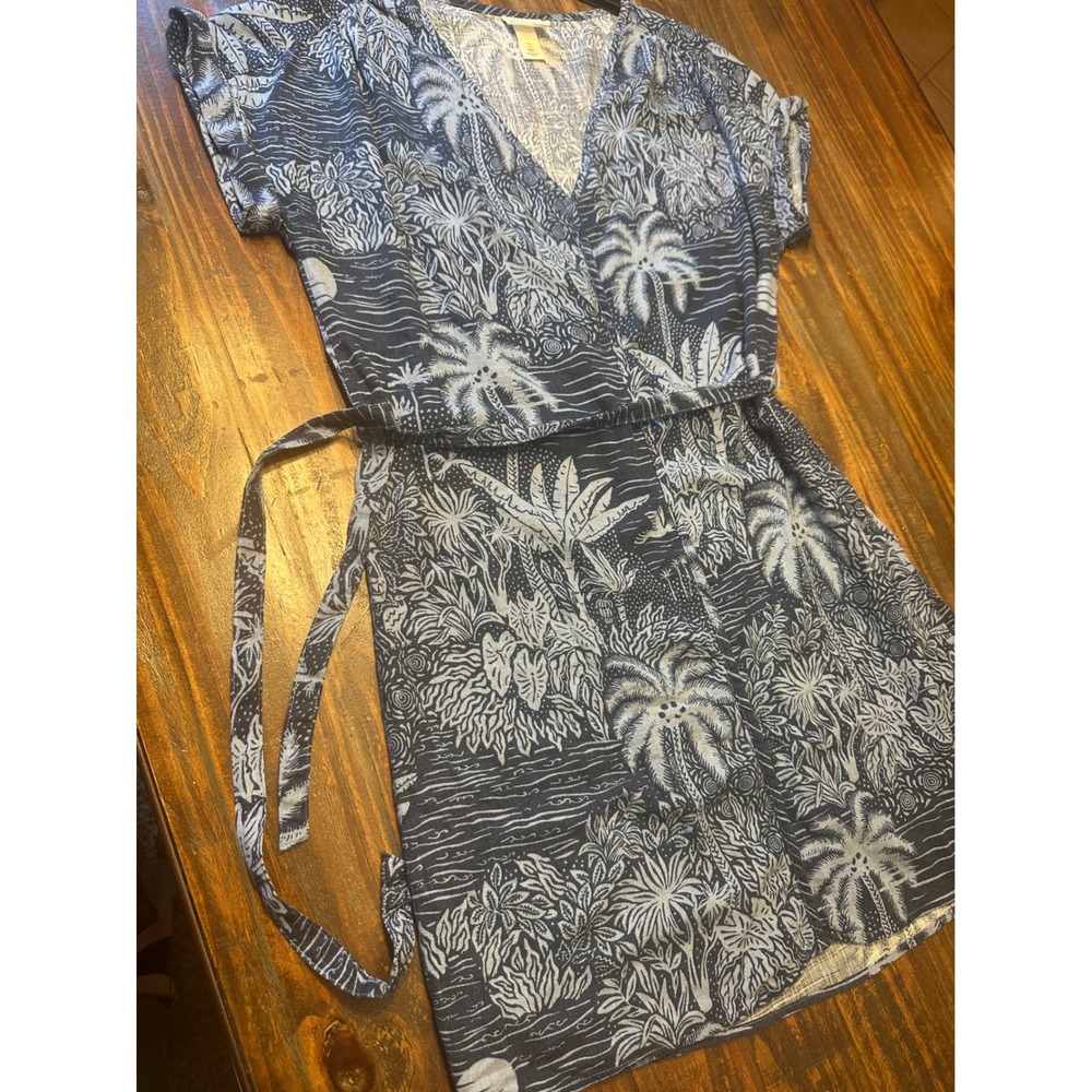 Desmond & Dempsey x H&M Linen Dress Women's Small Blue White Palm Short‎ Sleeves